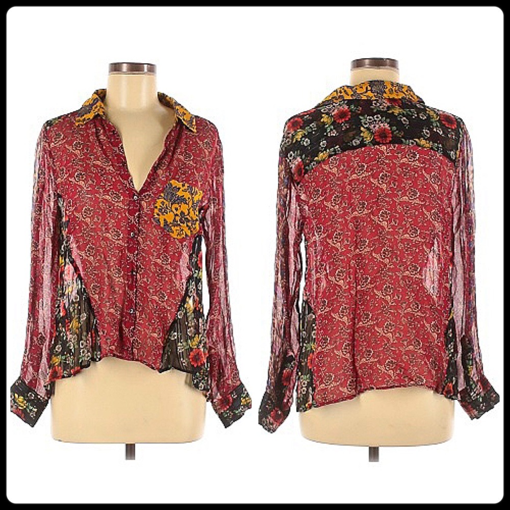 Zara Floral Patchwork Button-Down Sheer Blouse - image 2
